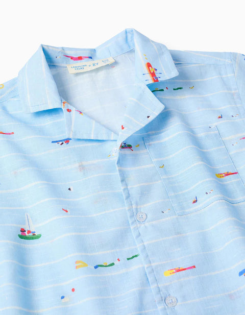 Cotton Shirt with Print Carolina Celas x Zippy for Boys, Light Blue