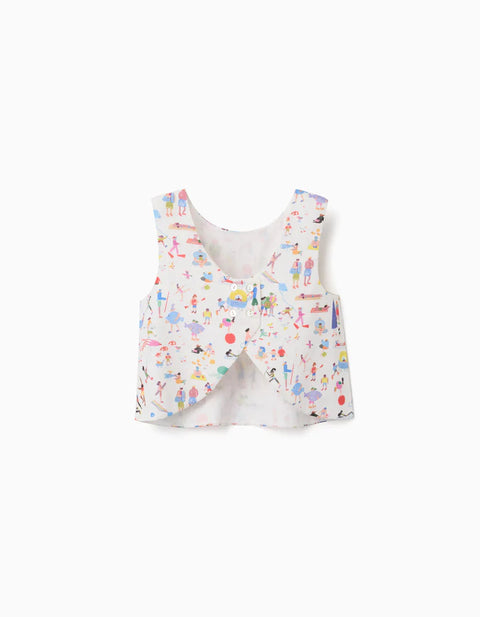 Sleeveless Cotton Top with Print Carolina Celas x Zippy for Girls, White