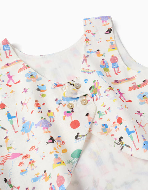 Sleeveless Cotton Top with Print Carolina Celas x Zippy for Girls, White