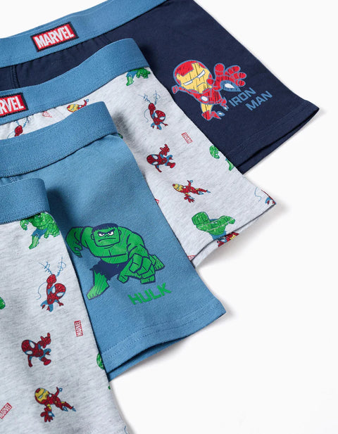 Pack of 4 Cotton Boxer Shorts with Marvel Prints for Boys, Blue/Grey