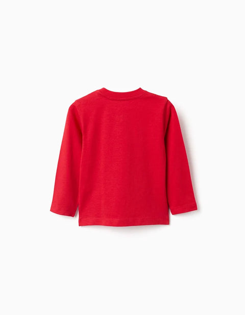 Long Sleeve Cotton T-Shirt with ZY Embossed Print for Baby Boys, Red