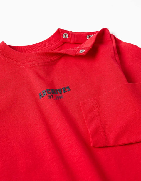Long Sleeve Cotton T-Shirt with ZY Embossed Print for Baby Boys, Red