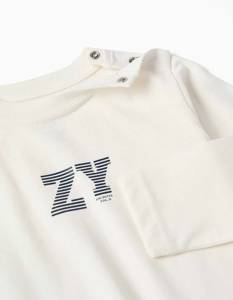Long Sleeve Cotton T-Shirt with ZY Embossed Print for Baby Boys, White