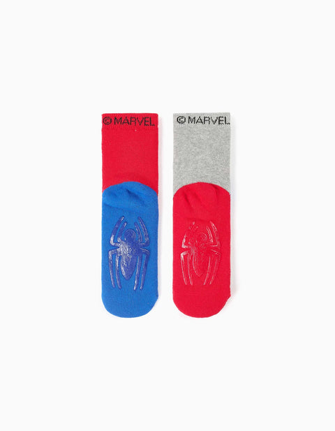 Pack of 2 Non-Slip Terry Socks with Spider-Man for Boys, Blue/Red/Grey