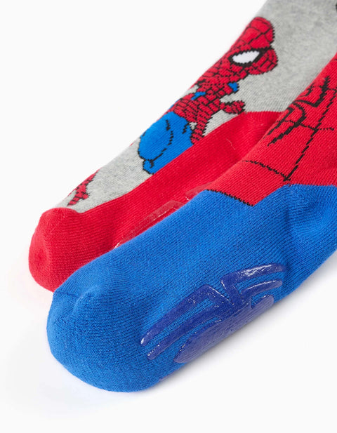 Pack of 2 Non-Slip Terry Socks with Spider-Man for Boys, Blue/Red/Grey