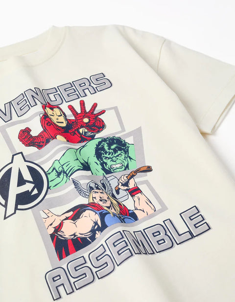 Cotton T-Shirt with Avengers Front Print for Boys, White