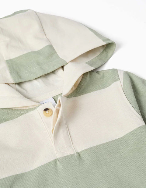 Hooded Cotton Sweatshirt with Stripes for Baby Boys, Light Beige/Green
