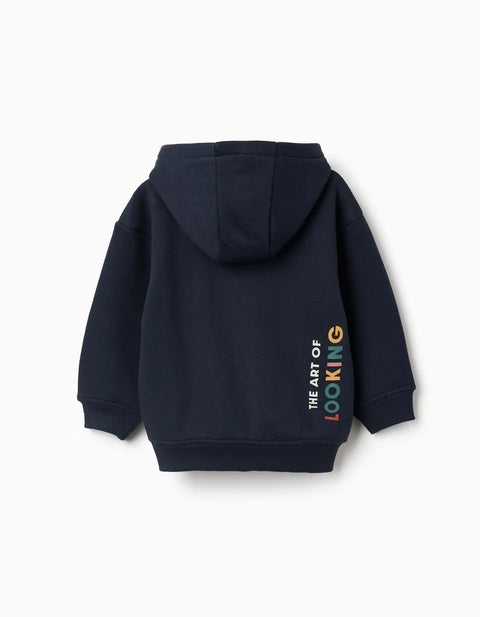 Brushed Hooded Jacket with Art of Looking Print for Boys, Navy Blue