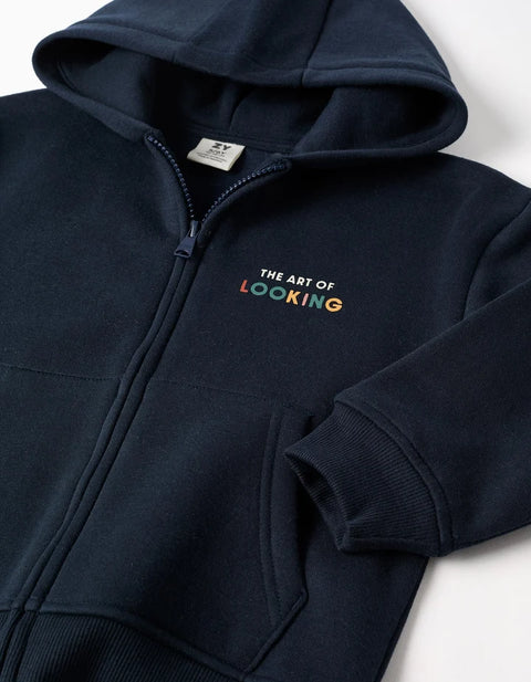 Brushed Hooded Jacket with Art of Looking Print for Boys, Navy Blue