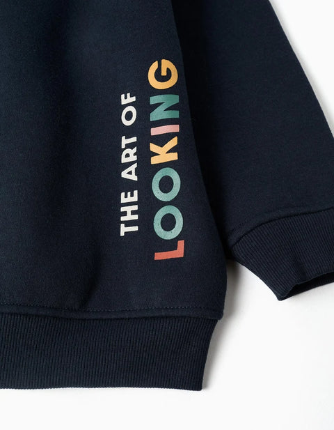 Brushed Hooded Jacket with Art of Looking Print for Boys, Navy Blue