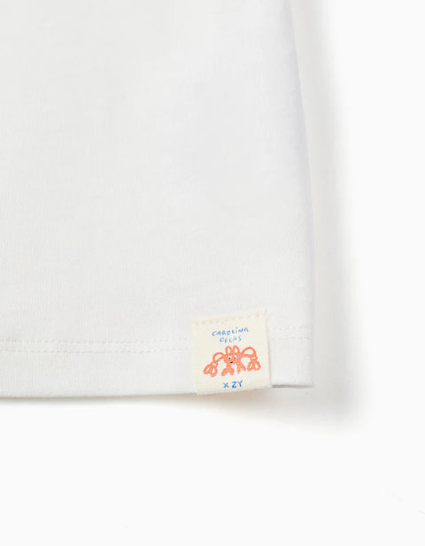 Cotton T-Shirt with Print Carolina Celas x Zippy for Baby Boys, White