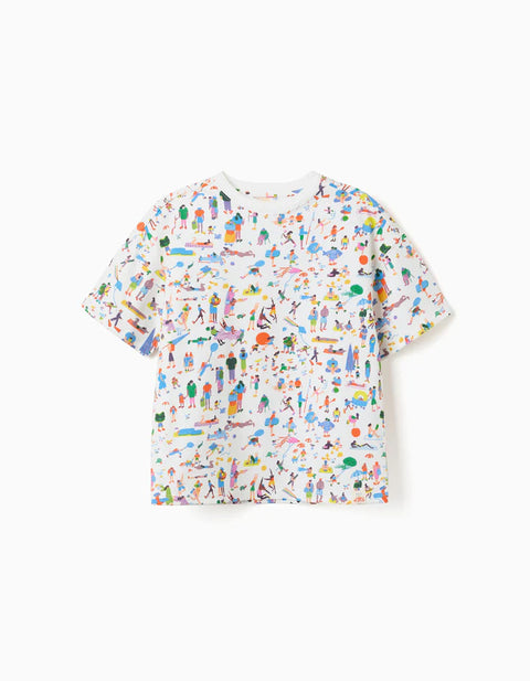 Cotton T-Shirt with Illustration Carolina Celas x Zippy for Boys, White