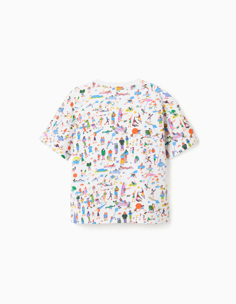 Cotton T-Shirt with Illustration Carolina Celas x Zippy for Boys, White