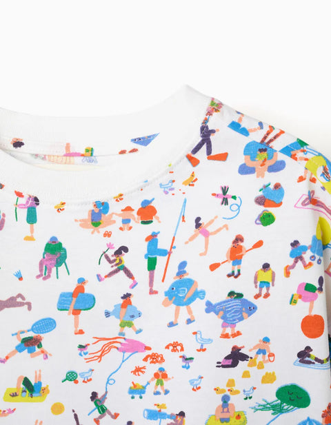 Cotton T-Shirt with Illustration Carolina Celas x Zippy for Boys, White