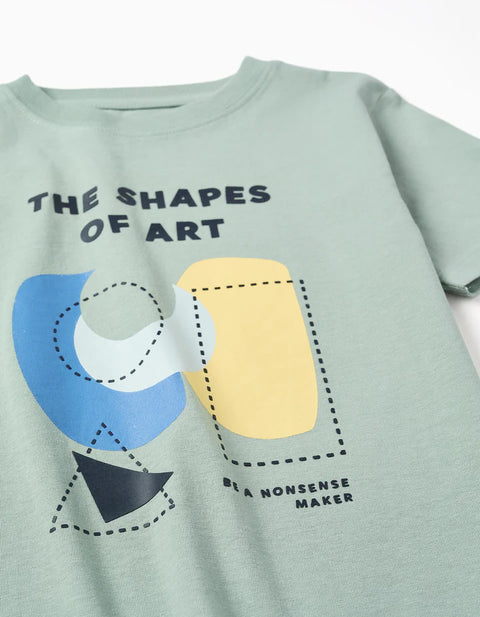 Cotton T-Shirt with Shapes Print for Boys, Light Green