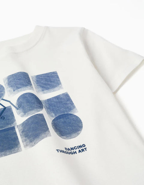 Cotton T-Shirt with Shapes Print for Boys, White