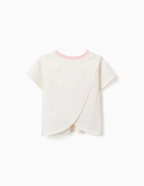 Cotton T-Shirt with Embroidered Collar for Girls, Light Beige/Pink
