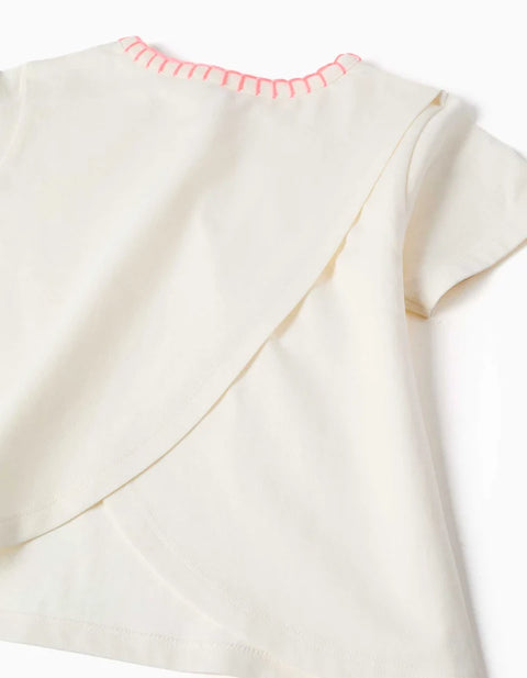 Cotton T-Shirt with Embroidered Collar for Girls, Light Beige/Pink