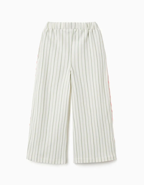 Striped Cotton Trousers with Ric Rac Tape for Girls, White/Green