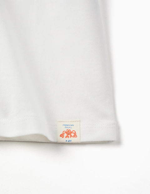 Cotton T-Shirt with Print Carolina Celas x Zippy for Boys, White