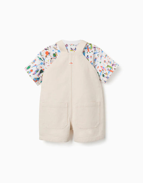 T-Shirt and Dungarees Carolina Celas x Zippy for Baby Boys, White/Beige