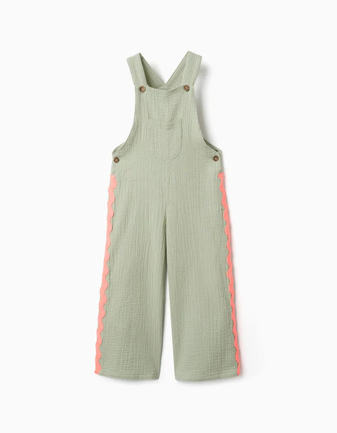Cotton Dungarees with Ric Rac Tape for Girls, Green/Neon Coral