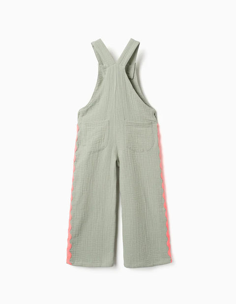 Cotton Dungarees with Ric Rac Tape for Girls, Green/Neon Coral