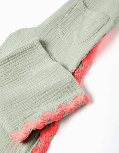 Cotton Dungarees with Ric Rac Tape for Girls, Green/Neon Coral