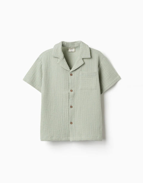 Short Sleeve Shirt in Double Gauze Cotton for Boys, Light Green