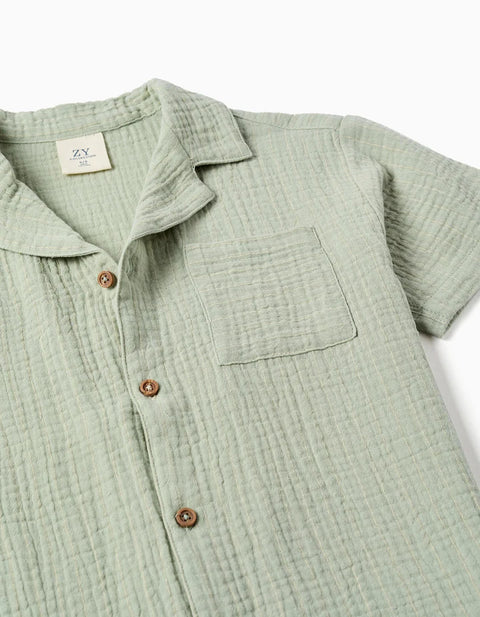 Short Sleeve Shirt in Double Gauze Cotton for Boys, Light Green