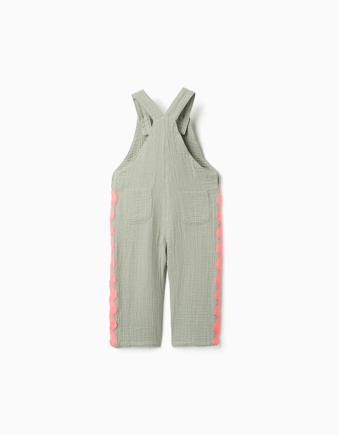 Cotton Dungarees with Ric Rac Tape for Newborn and Baby Girls, Green/Coral