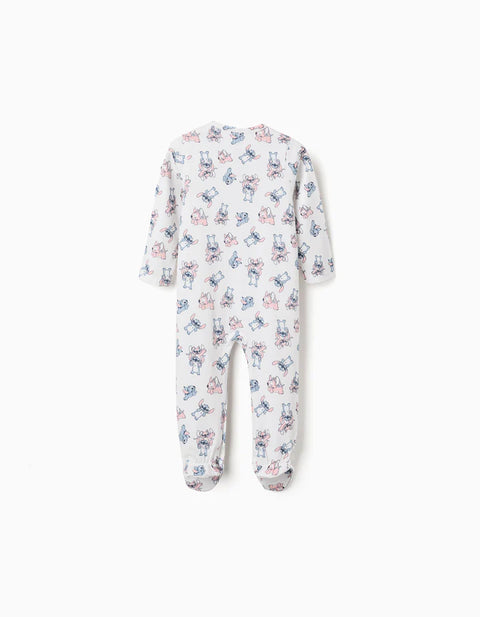 Cotton Sleepsuit with Stitch Motif for Newborn and Baby Girls, White