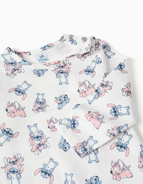 Cotton Sleepsuit with Stitch Motif for Newborn and Baby Girls, White