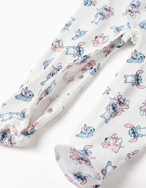 Cotton Sleepsuit with Stitch Motif for Newborn and Baby Girls, White
