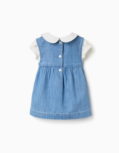 Body de algodão + vestido de ganga para recém-nascida, branco/azul