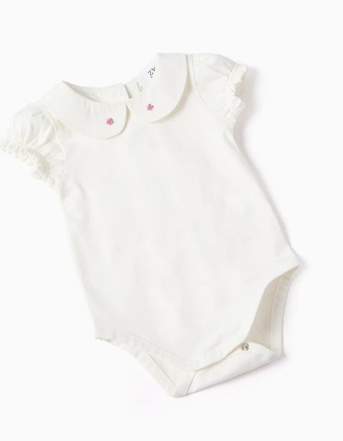 Cotton Bodysuit + Denim Sleeveless Dress for Newborn Girls, White/Blue