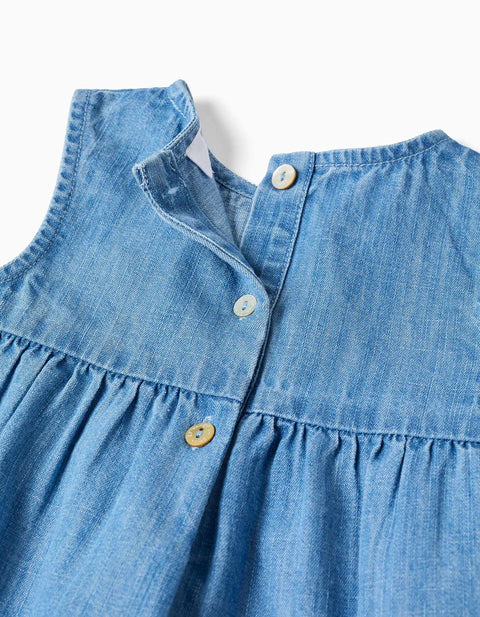 Cotton Bodysuit + Denim Sleeveless Dress for Newborn Girls, White/Blue