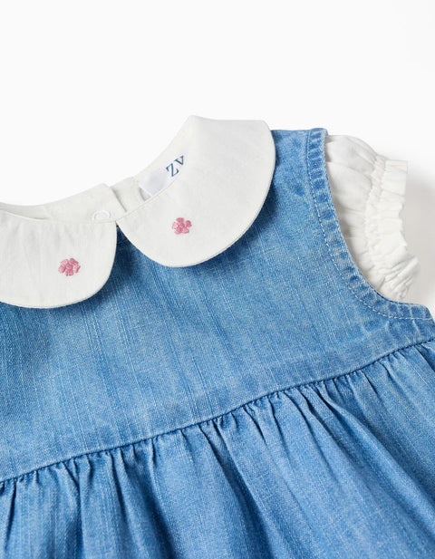 Cotton Bodysuit + Denim Sleeveless Dress for Newborn Girls, White/Blue