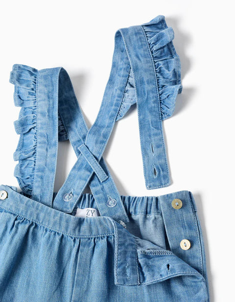Denim Trousers with Removable Straps for Newborn Girls, Blue