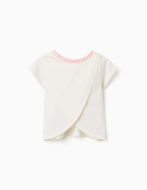 Cotton T-Shirt with Embroidered Collar for Baby Girls, Light Beige/Pink