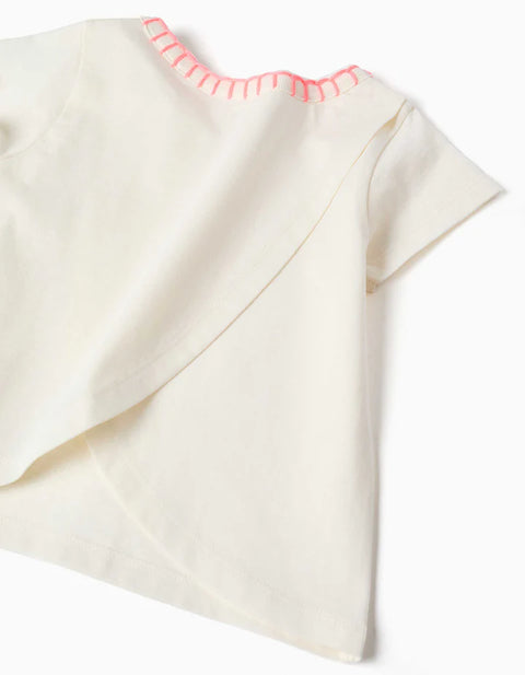 Cotton T-Shirt with Embroidered Collar for Baby Girls, Light Beige/Pink
