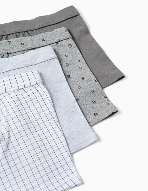 Pack of 4 Plain/Printed Cotton Boxer Shorts for Boys, Grey/White