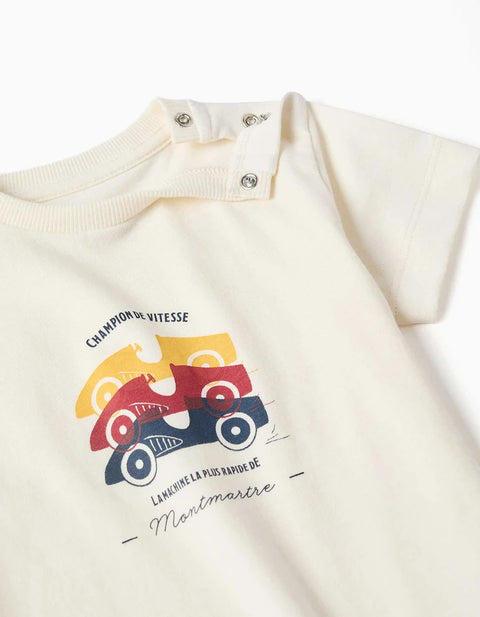 Short Sleeve Pyjamas with Racing Car Print for Baby Boys, White/Yellow