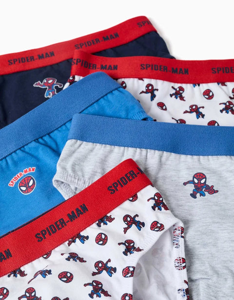 Pack 5 Cotton Briefs with Spider-Man Prints for Boys, Blue/White/Grey