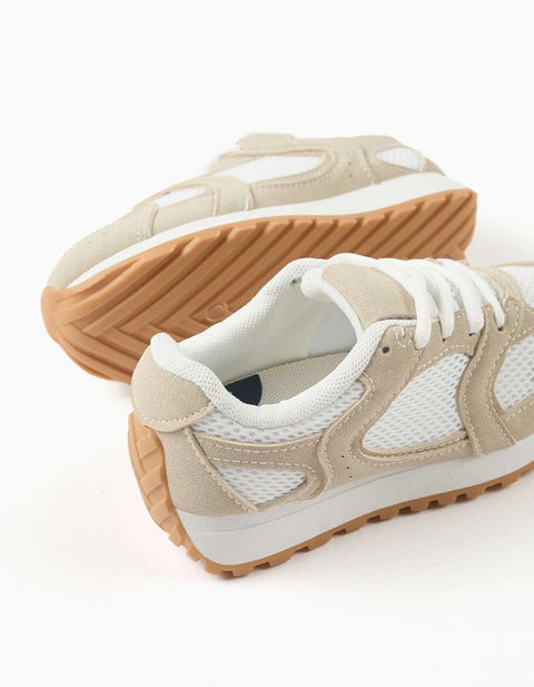 Trainers with Laces and Non-Slip Rubber Sole for Girls, Beige/White