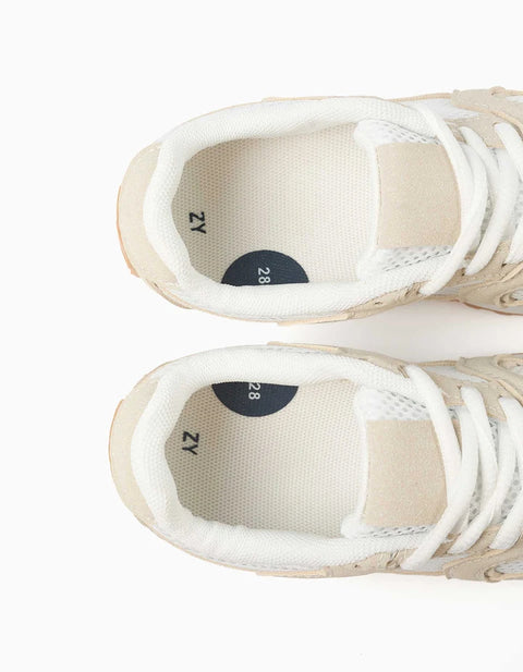 Trainers with Laces and Non-Slip Rubber Sole for Girls, Beige/White