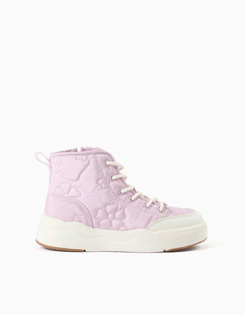 Padded High-Top Trainers with Floral Embroidery for Girls, Lilac