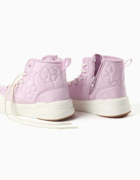 Padded High-Top Trainers with Floral Embroidery for Girls, Lilac