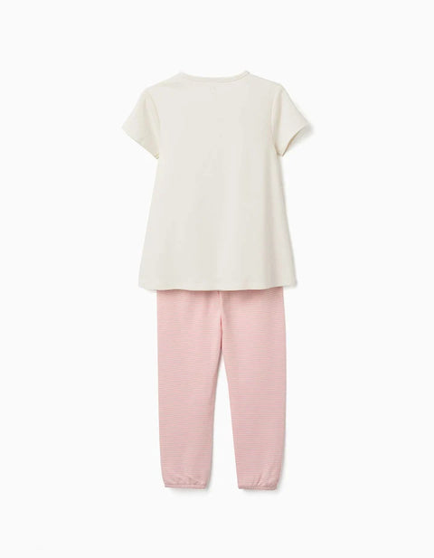 Short Sleeve Cotton Pyjamas with Mask for Girls, White/Pink