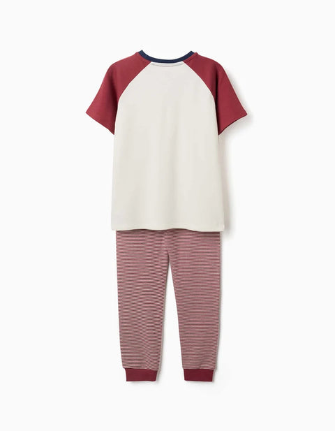 Short Sleeve Cotton Pyjamas with Padded Mask for Boys, White/Red